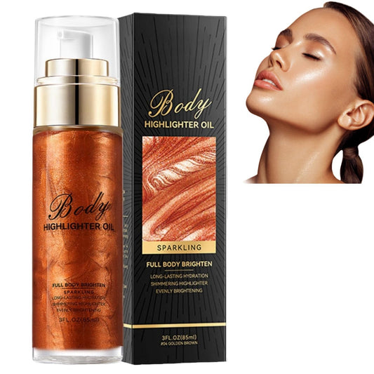HIVETZ Body Shimmer Oil,Moisturizing Body Highlighter Makeup,Waterproof Liquid Luminizer, Non-Sticky Body Glow Shimmer Lotion,Body Smooth Light Shimmer Glow Oil for Face and Body,80ml (#04-Golden Brown)