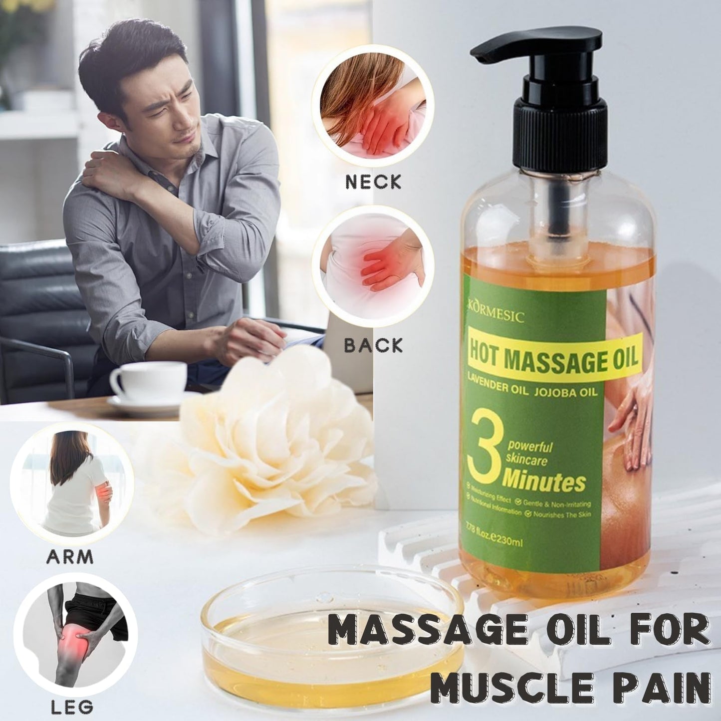Massage Oil for Massage Therapy 230ml, Cellulite Massage Oil for Relaxing & Muscle Pain Relief - Lavender MassageOil for Skin with Caffeine Recovery, Cellulite Appearance Relaxation