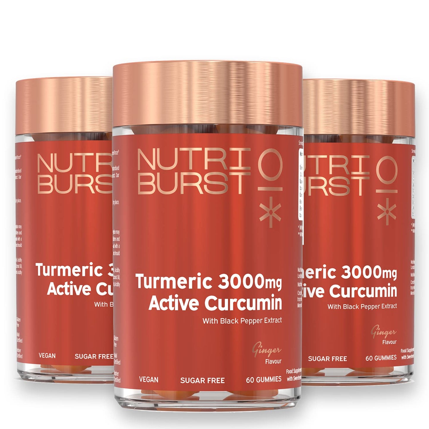 Nutriburst Turmeric Curcumin with Black Pepper Extract Multipack - Powerful Antioxidants & Anti-inflammatory, Joint & Muscle Health - Vegan & Sugar Free - 3 x 60 Ginger Gummies - 3 Mon Supply
