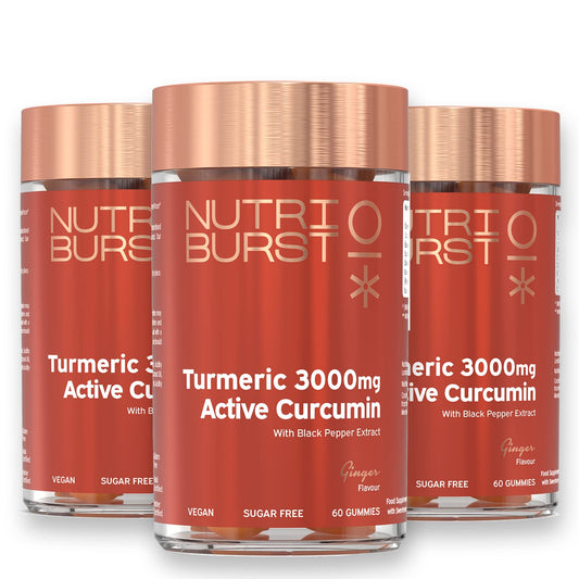 Nutriburst Turmeric Curcumin with Black Pepper Extract Multipack - Powerful Antioxidants & Anti-inflammatory, Joint & Muscle Health - Vegan & Sugar Free - 3 x 60 Ginger Gummies - 3 Mon Supply