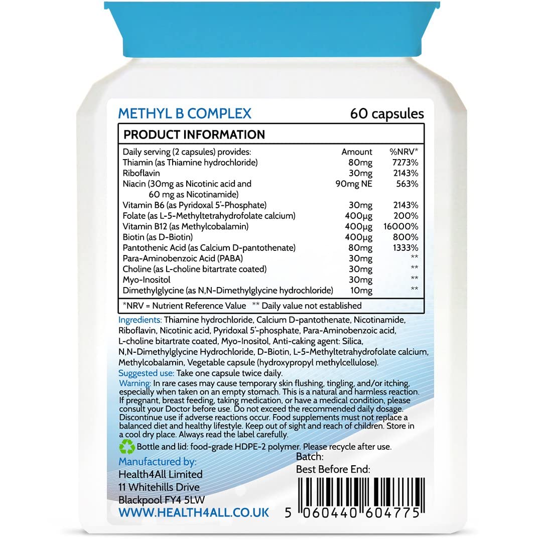 Methyl B Complex 60 Capsules (V) (not Tablets) with Methylcobalamin, Methyl Folate, P5P, Choline, Myo-Inositol, DMG and PABA for Stress Support, Energy and methylation. Made in UK by Health4All