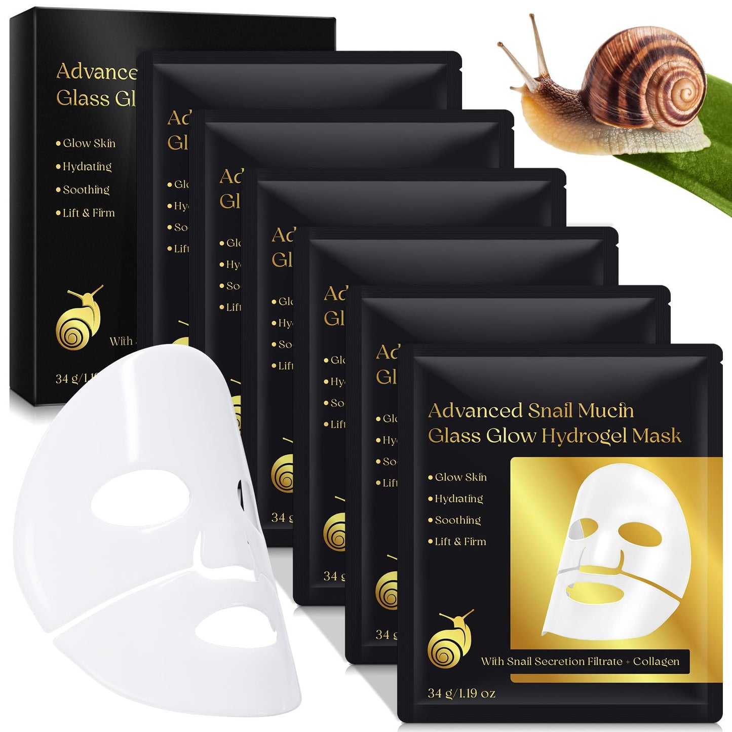 VCTSOF Snail Mucin Glass Glow Hydrogel Face Masks Skincare, 6Pcs Collagen Night Wrapping Mask, Sheet Mask, Snail Mucin Serum Collagen Face Mask