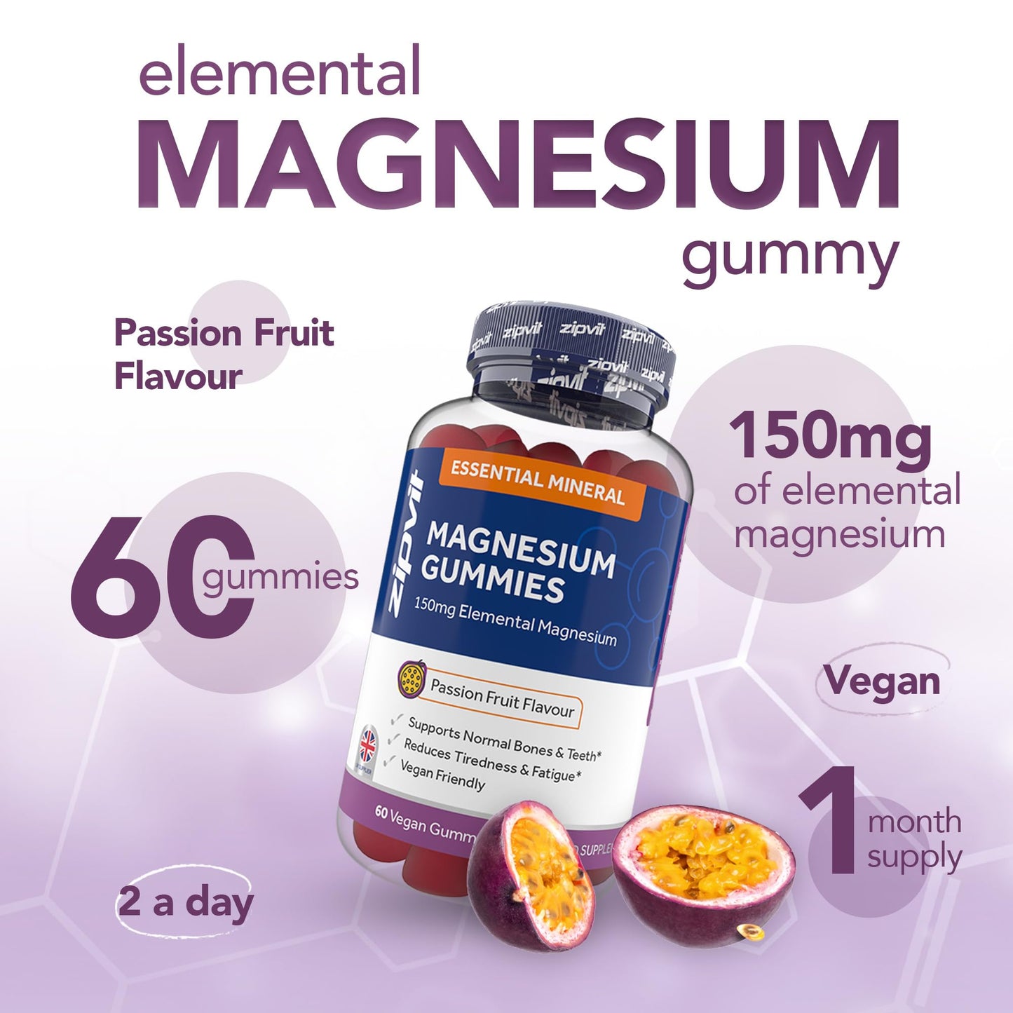 Magnesium Citrate Gummy, 150mg Elemental Magnesium, Supports Bones and Teeth, Reduces Tiredness and Fatigue, 60 Vegan Gummies, Passionfruit Flavour, UK Supplier