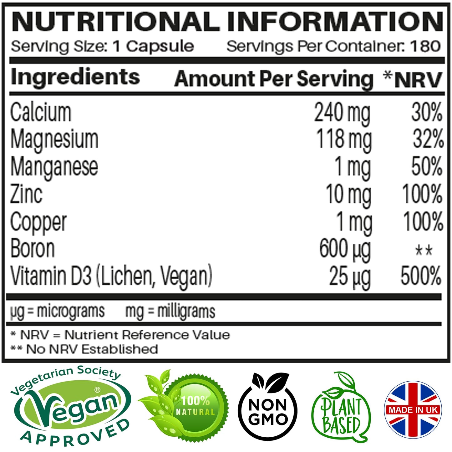 Magnesium Calcium Zinc & Vitamin D3 Vegan Supplement, Advanced Immunity Support, High Strength Vitamin D3, Strong Bones & Teeth, Muscle Recovery, Sleep Better, 180 Vegan Capsules-6 Months Supply - UK