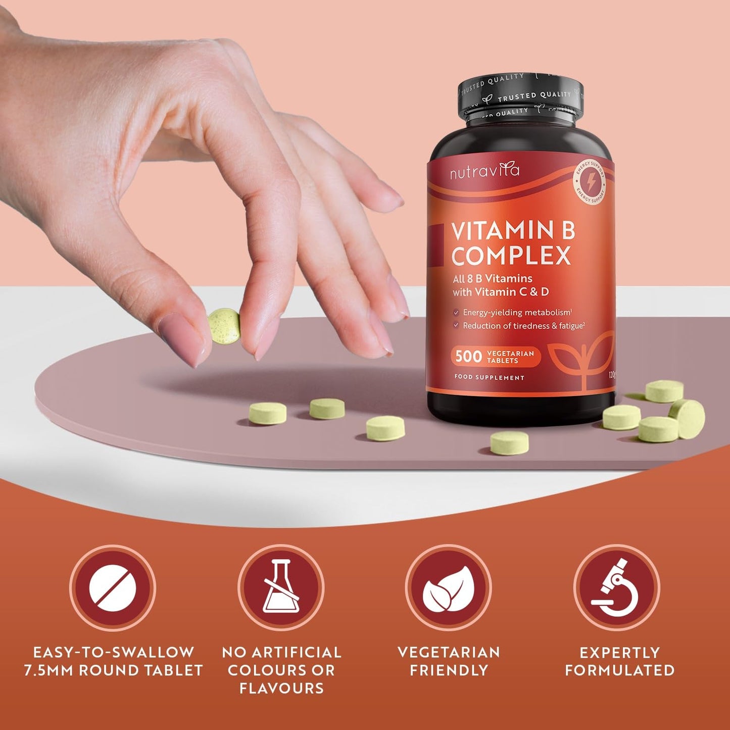 Vitamin B Complex High Strength with Vitamin D + Vitamin C 500 Tablets for +1 Year of Supply, Energy-Yielding Metabolism - Reduction of Tiredness & Fatigue (EFSA) Made in The UK by Nutravita