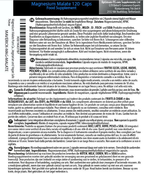 SupaMale Magnesium Malate Pure Capsules 800mg Per Capsule - NO Fillers - Vegetarian and Vegan Safe