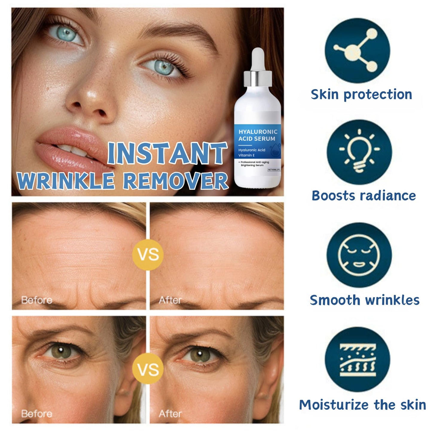 3Pcs Hyaluronic Acid Serum for Face with Vitamin E, Hyaluronic Acid Serum forAging, Hyaluronic Acid Moisturizer, Wrinkle Filler, Anti Aging Hydrating Serum for Erasing Fine Lines and Wrinkles