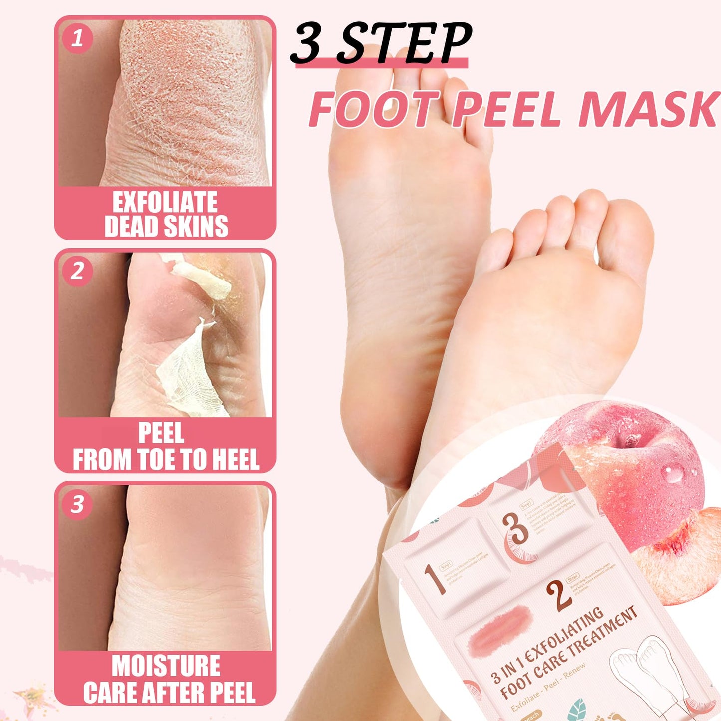 Shengqialun Foot Peel Mask With Peach Extract - Foot Mask For Hard Skin & Calluses - 3-In-1 Foot Care For Exfoliation, Moisturizing & Renewal - Natural Formula For Soft & Smooth Feet