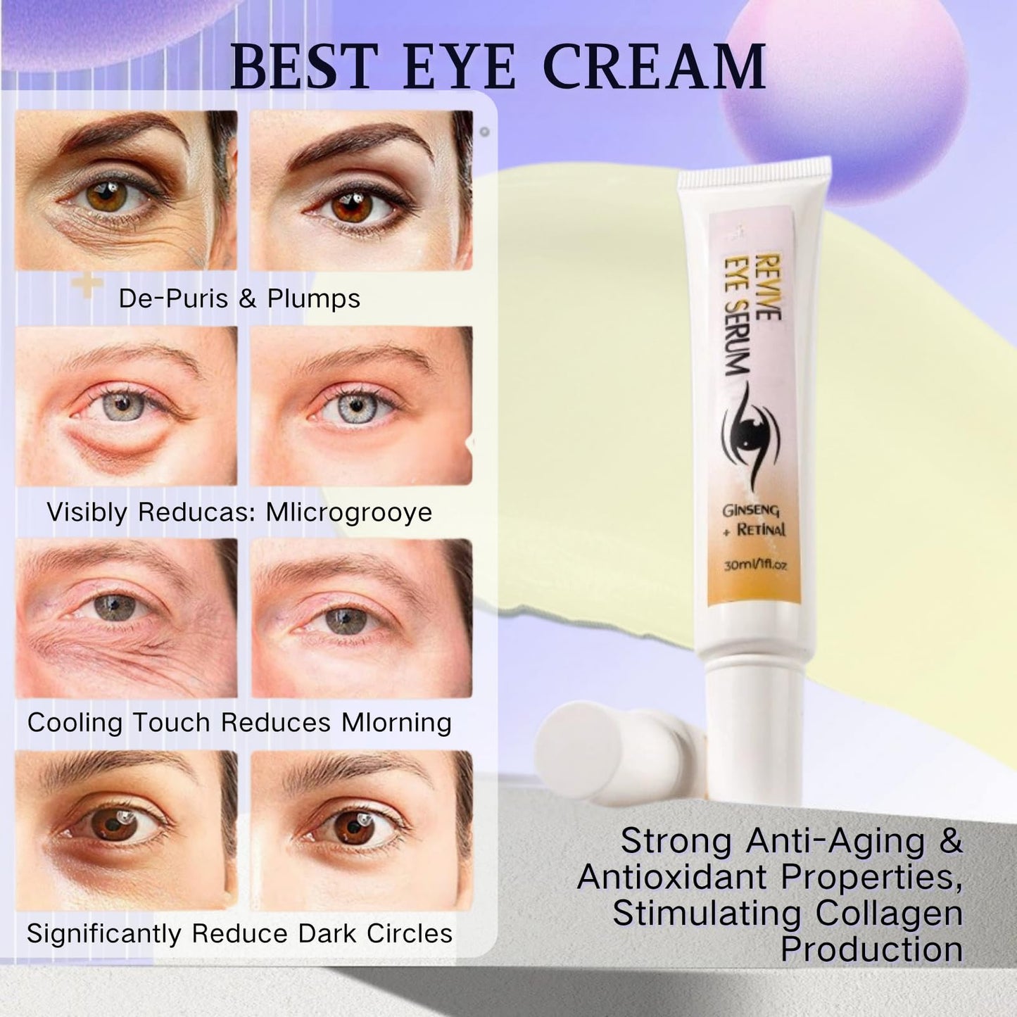 Retinol Eye Cream - Eye Cream for Puffiness And Bags Under Eyes, Anti-Aging Hydration for Wrinkles, Tightens Eye Contour with Ginseng & Retinal, Under Eye Brightener for Dark Circles