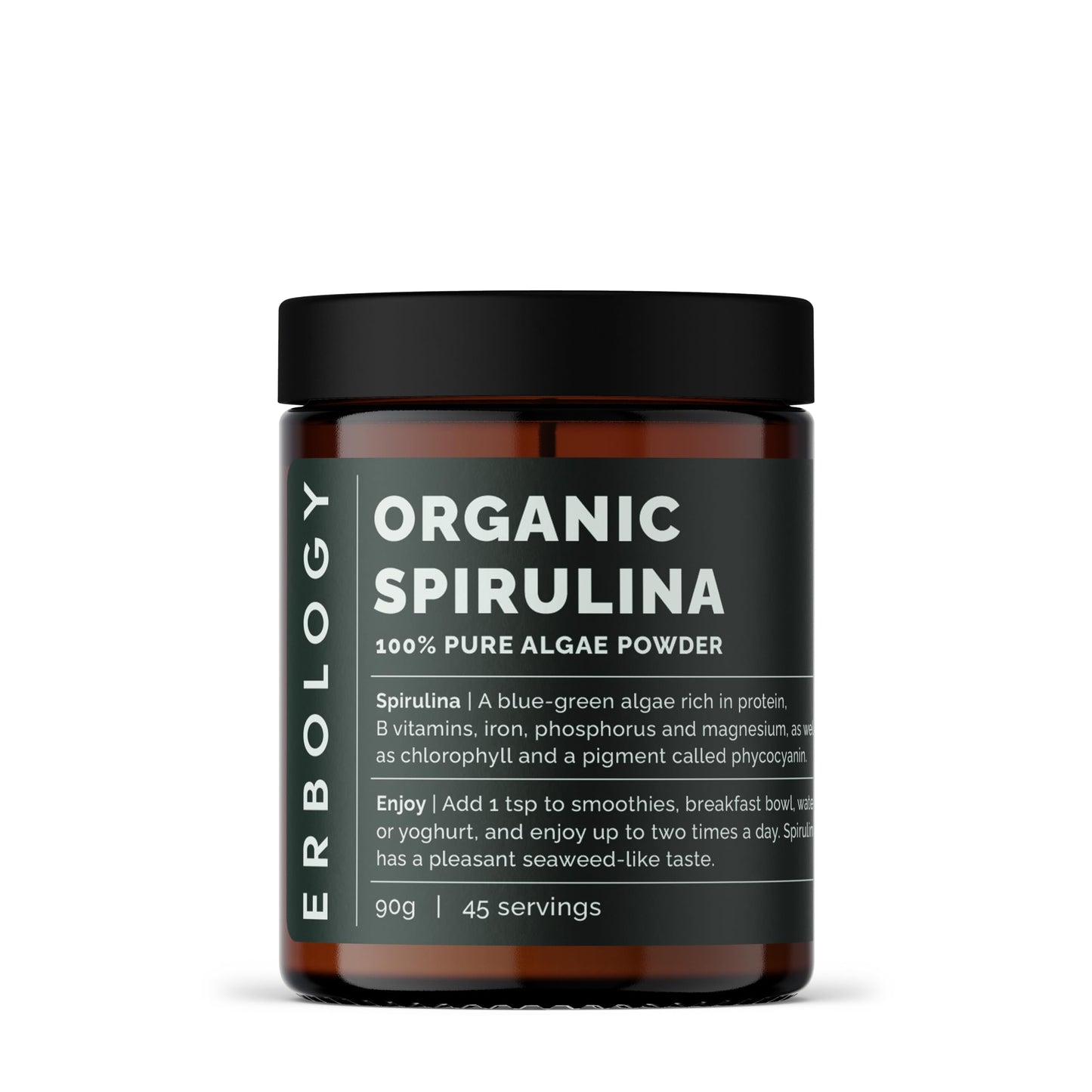 Erbology Organic Spirulina Powder 90g - 45 Servings - Sustainably Sourced in Portugal - Energy and Immunity Support - Rich in Chlorophyll, B Vitamins, Iron and Phosphorus - Vegan - GMO-Free