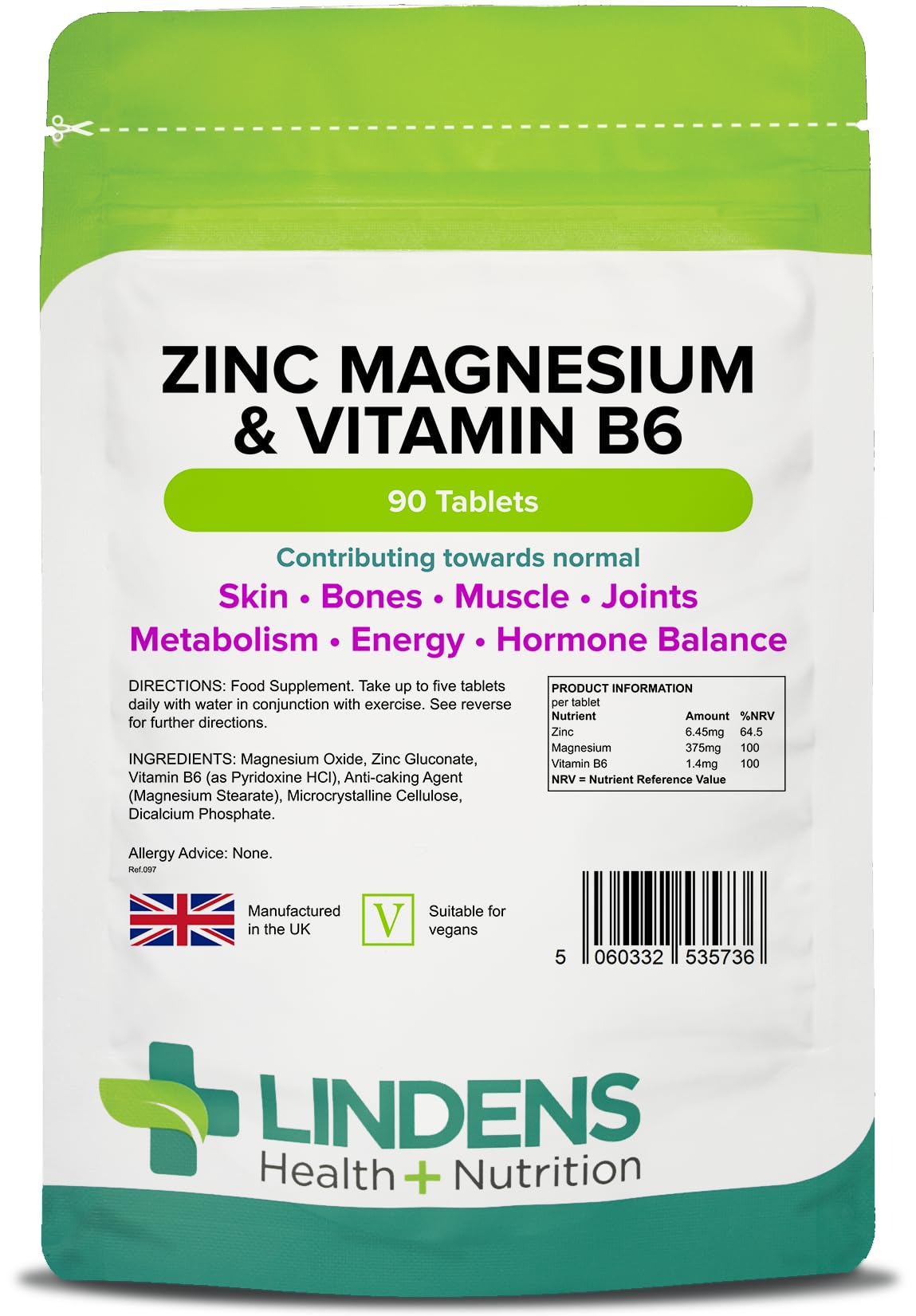 Lindens Zinc, Magnesium and Vitamin B6 Complex Tablets - 90 Pack - Reduction of Tiredness and Fatigue - UK Manufacturer, Letterbox Friendly