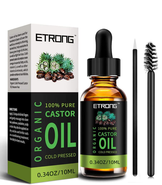 Organic Castor Oil,Pure Cold Pressed Castor Oil for Eyebrows,Eyelashes,Hair Growth,Nails,and Skin with 5 Sets of Eyebrow&Eyeliner Brushes (30ml)
