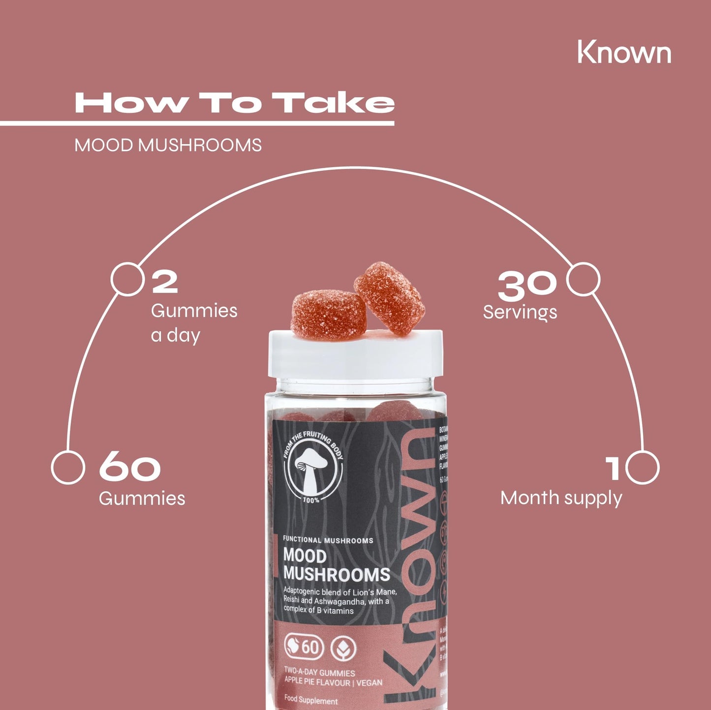 Known - Mood Mushrooms - 60 x Two-a-Day Vegan Gummies with Reishi Mushrooms, Lions Mane and Ashwagandha - Halal Apple Pie Flavoured Adaptogenic Mushroom Gummy - Nootropic Supplement for Mood & Stress