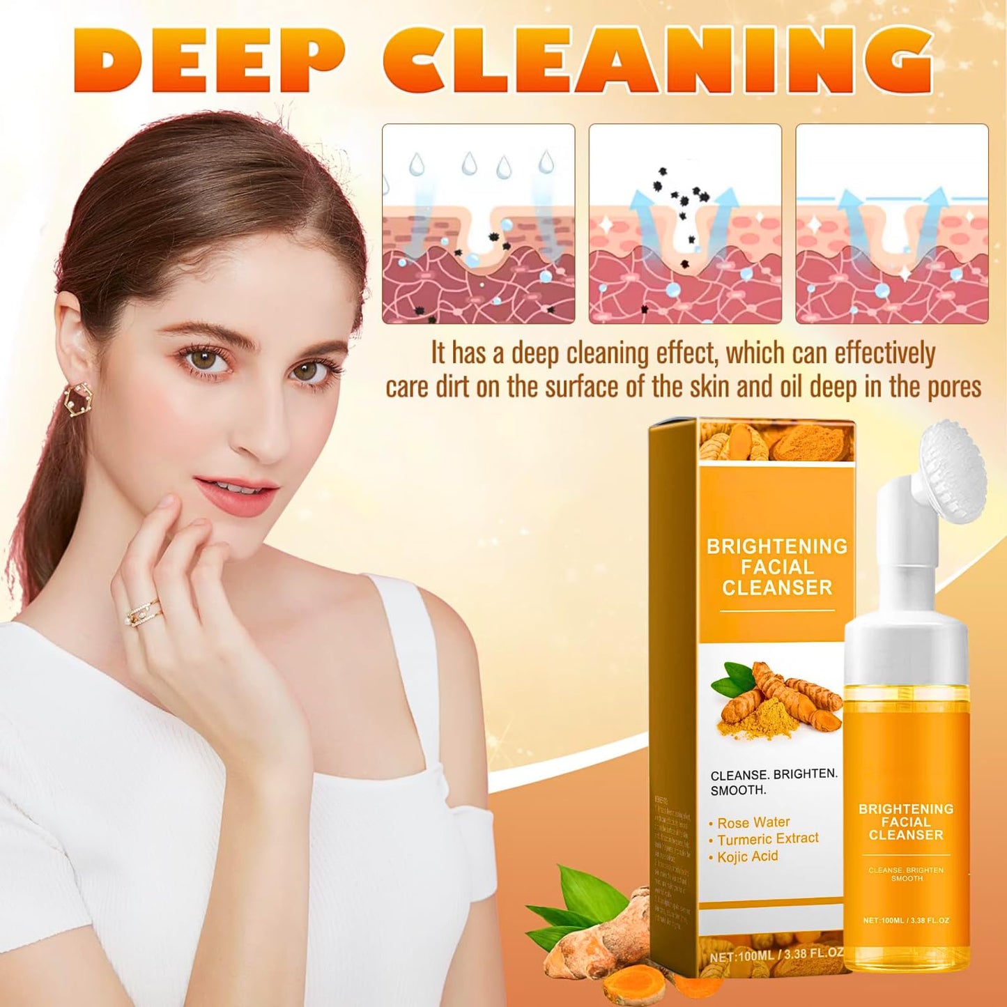 IZBEAUVO Turmeric Kojic Acid Foaming Cleanser, Turmeric Face Wash, Deep Cleansing Foaming Turmeric Oil Cleanser, Ultra-Gentle Clean And Clear Cleanser For Acne Prone Skin, Remove Impurities & Control Shine