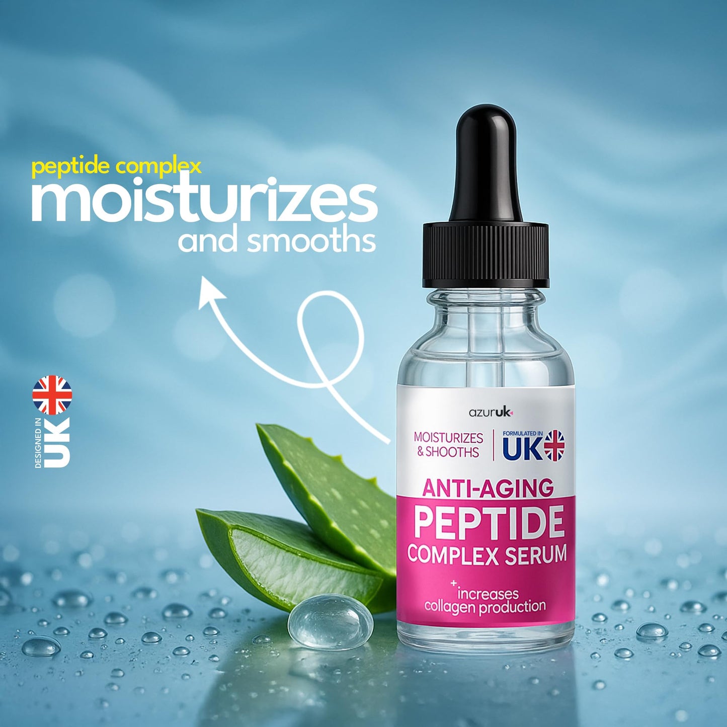 AzurUK Peptide Serum - Complex Peptide Face Serum, Improves Skin Elasticity + Collagen Booster - Anti-Aging Skin Serum - Moisturizes & Smoothens (30ml)