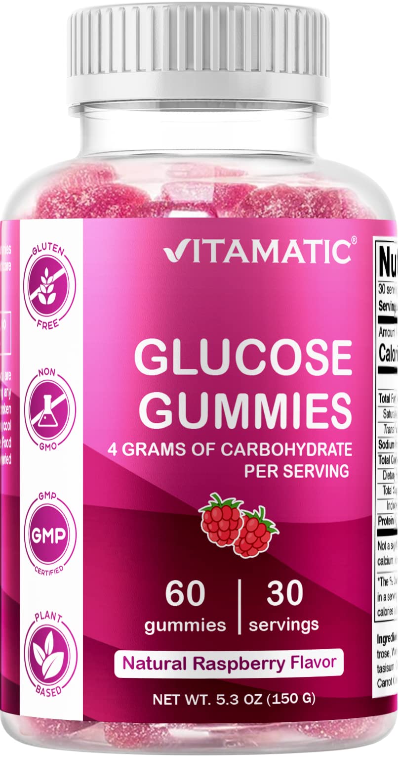 Vitamatic Glucose Chweble Gummies - 60 Count - Natural Raspberry Flavor - 4G of Carbohydrate per Serving