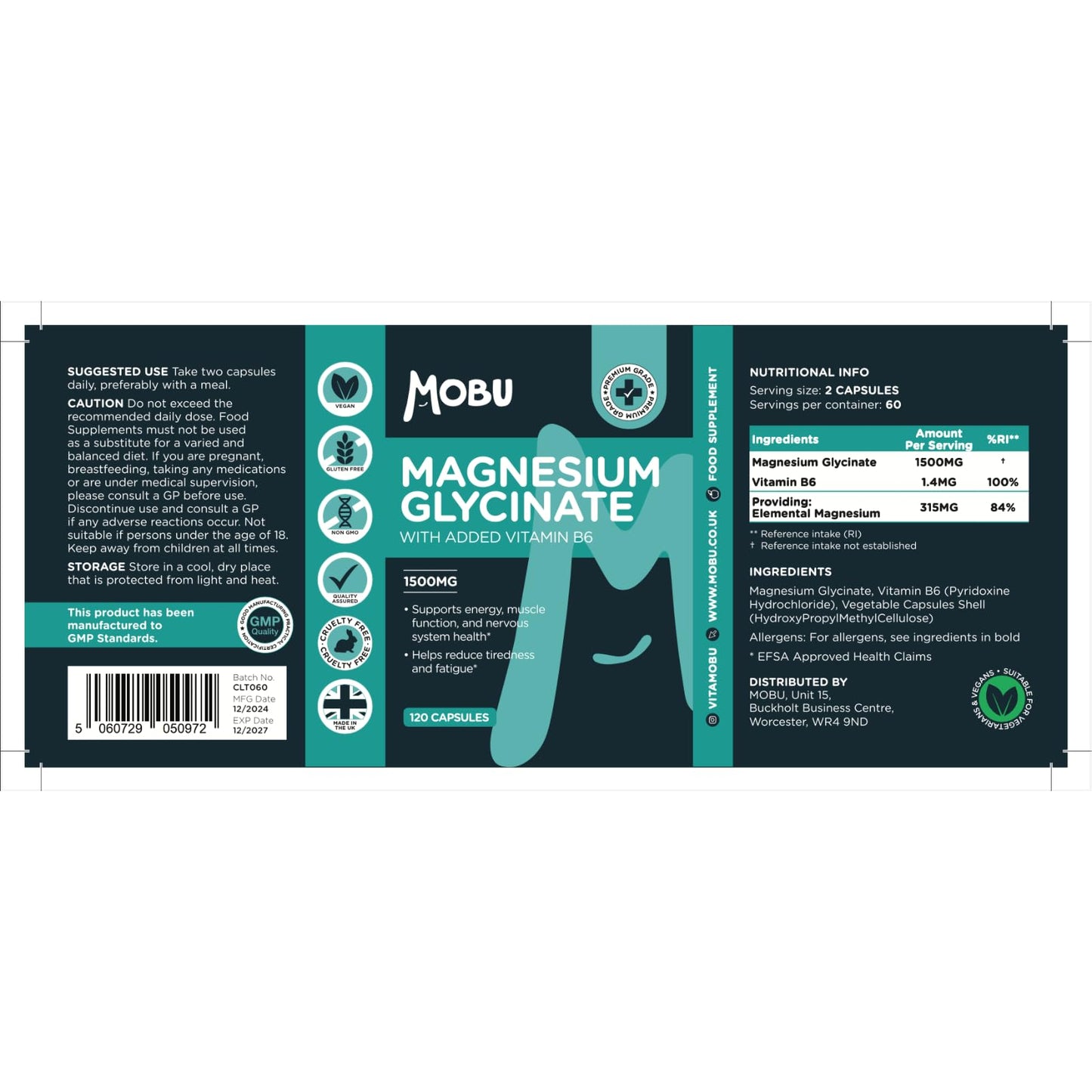 MOBU Magnesium Glycinate 1500mg with Vitamin B6 – 120 Vegan Capsules - High Strength - 315mg Elemental Magnesium - Pure with No Fillers or Binders UK Made