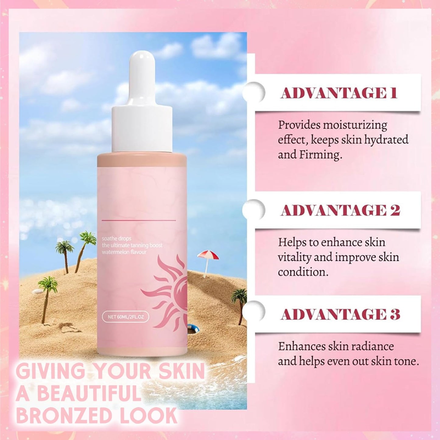 Tanning Drops, Enhances Natural Skin Tone, Moisturises Skin, Gradual Tanning, Naturally Promotes Melanin Production, Protects Against Sun Damage, Suitable for All Skin Types (60ml)
