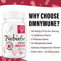 Omnymune Probiotics for Women - 300 Billion CFU, 12 Diverse Strains + Prebiotic - Women's Probiotics for Daily Digestive, Vaginal & Urinary Health, Immune Support, 60 Capsules