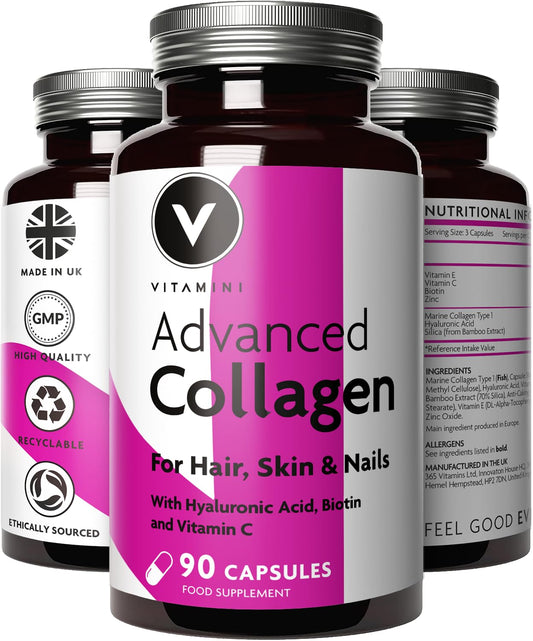 Premium Collagen Supplements for Women - High Strength Marine Collagen with Hyaluronic Acid, Biotin, Vitamin C & E - Supports Radiant Skin, Hair & Nails - UK Made - 90 Capsules