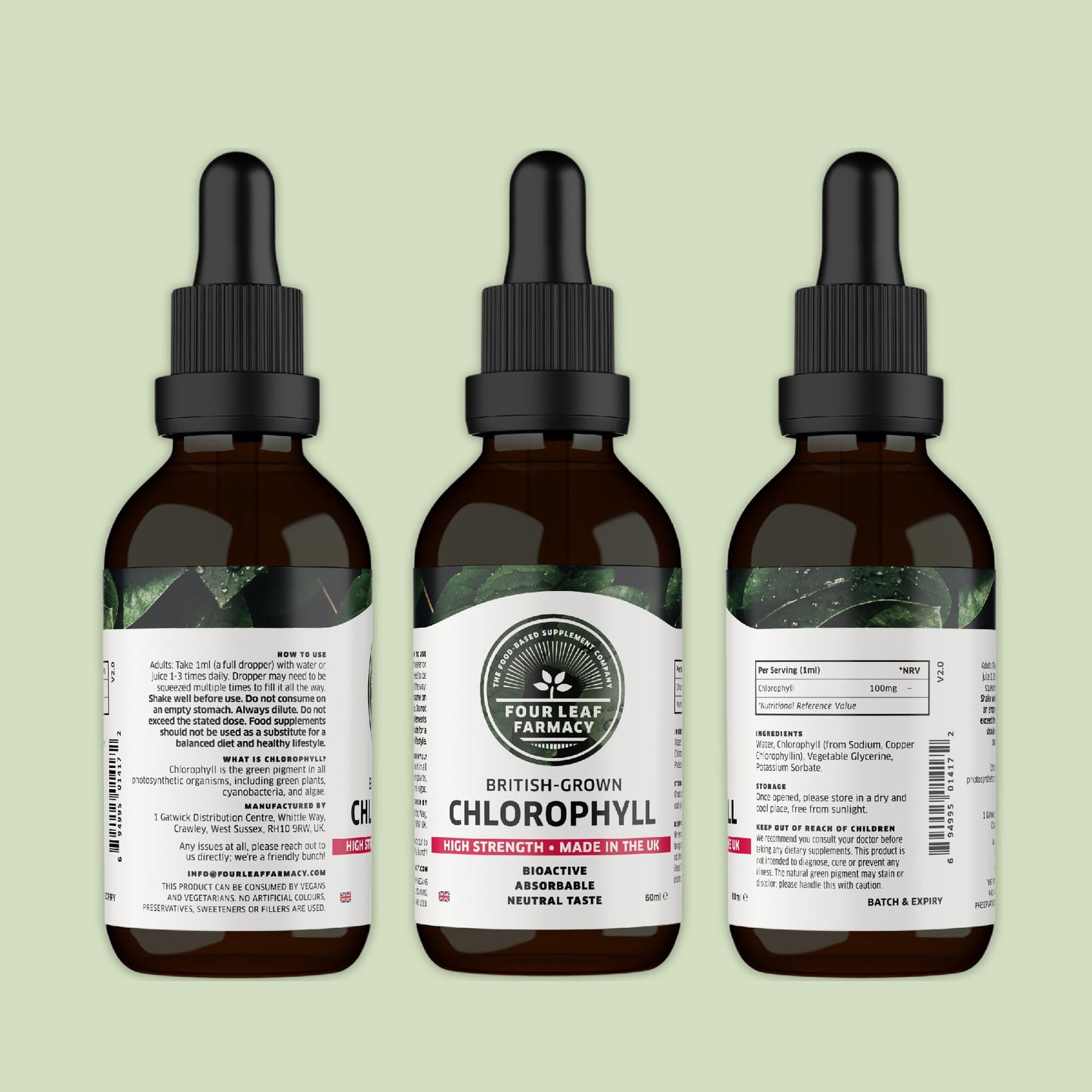 Four Leaf Farmacy Liquid Chlorophyll Drops for Water - British-Grown Chlorophyll - High Strength Chlorophyll Liquid 6000mg - Made in UK - 2 Month Supply