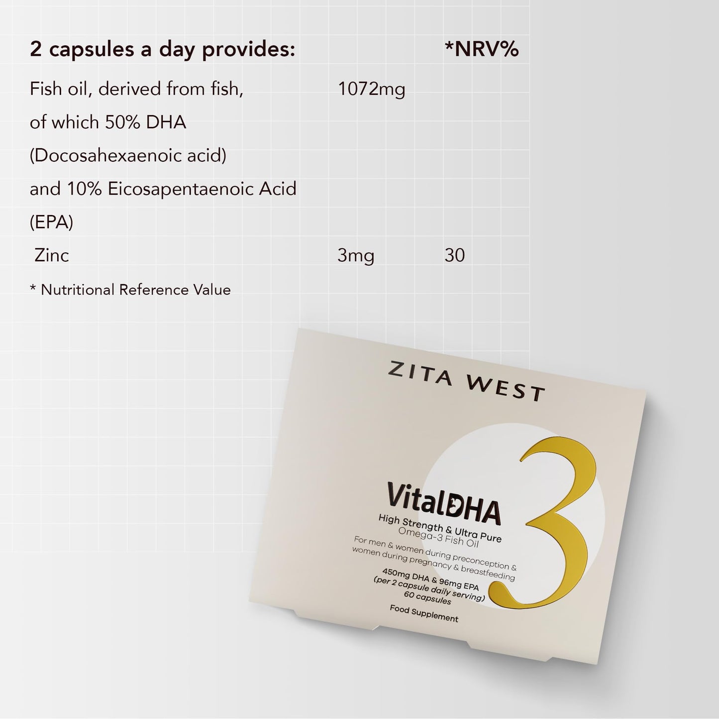 Zita West Vital DHA with Omega 3 + Zinc for Fertility - Essential Multivitamins for Preconception, Pregnancy & Breastfeeding -Three Months Supply (Pack of 3, 3 x 60 Capsules)