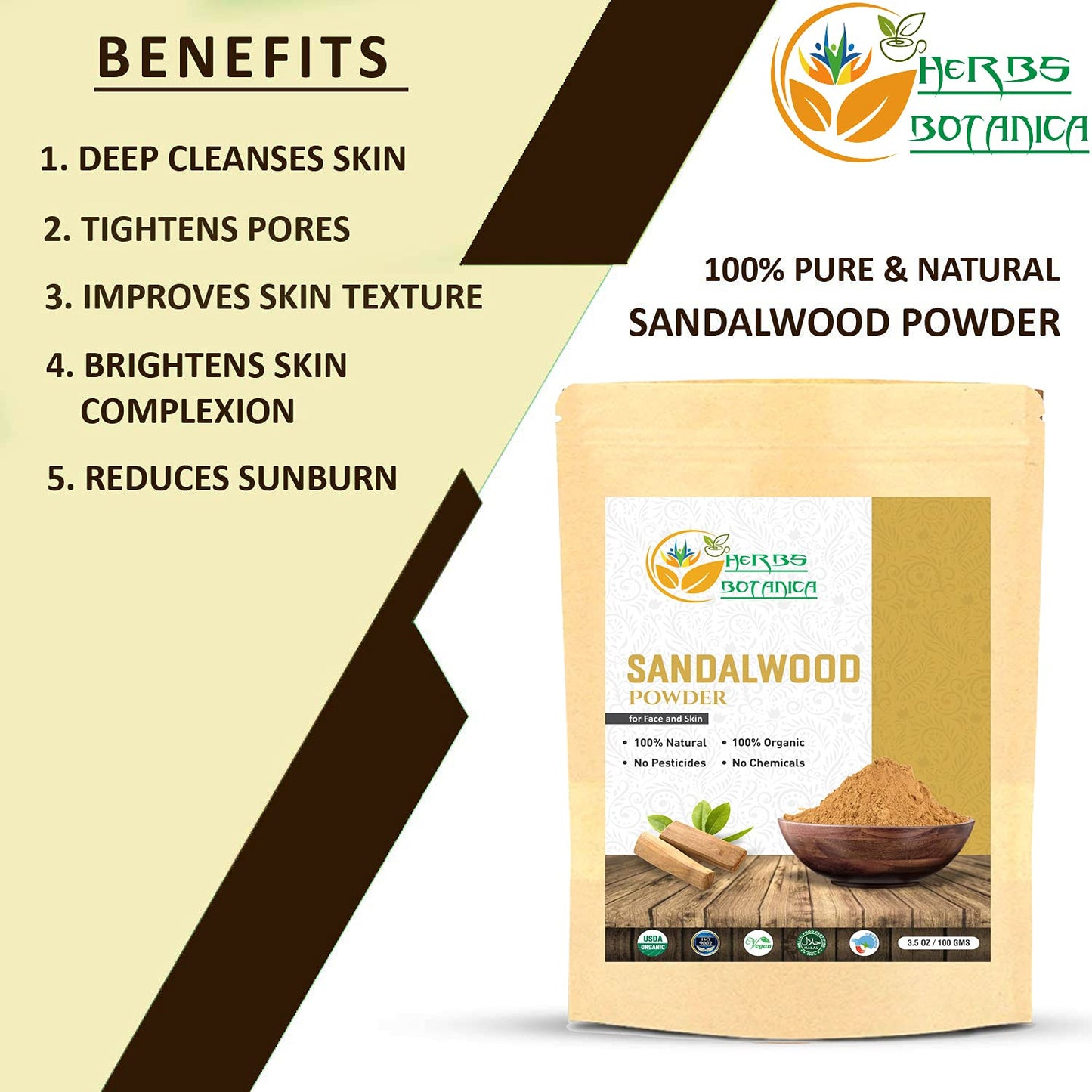 Herbs Botanica Chandan (Sandalwood) Powder Organic 100gm / 3.52 oz For Skin, Face Pack, Face Mask, Worship Tilak, Auspicious Occasions 100% Natural