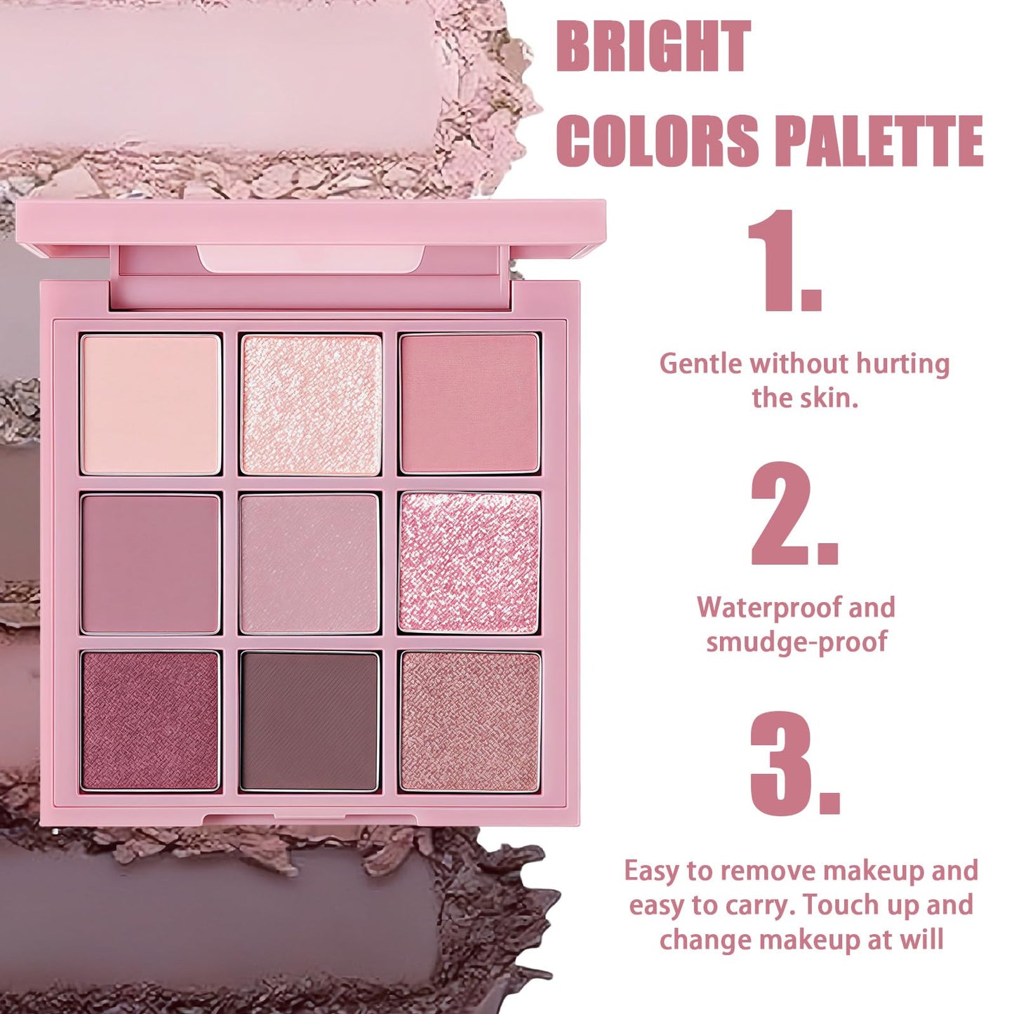 Coloroom Pink Eyeshadow Palette - 9 Colour Glitter Eyeshadow, Matte & Shimmer, Bright Long-Lasting & Highly Pigmented Eye Shadow Pallet For Women - 3PCS Eyeshadows Brushes