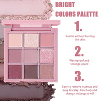 Coloroom Pink Eyeshadow Palette - 9 Colour Glitter Eyeshadow, Matte & Shimmer, Bright Long-Lasting & Highly Pigmented Eye Shadow Pallet For Women - 3PCS Eyeshadows Brushes