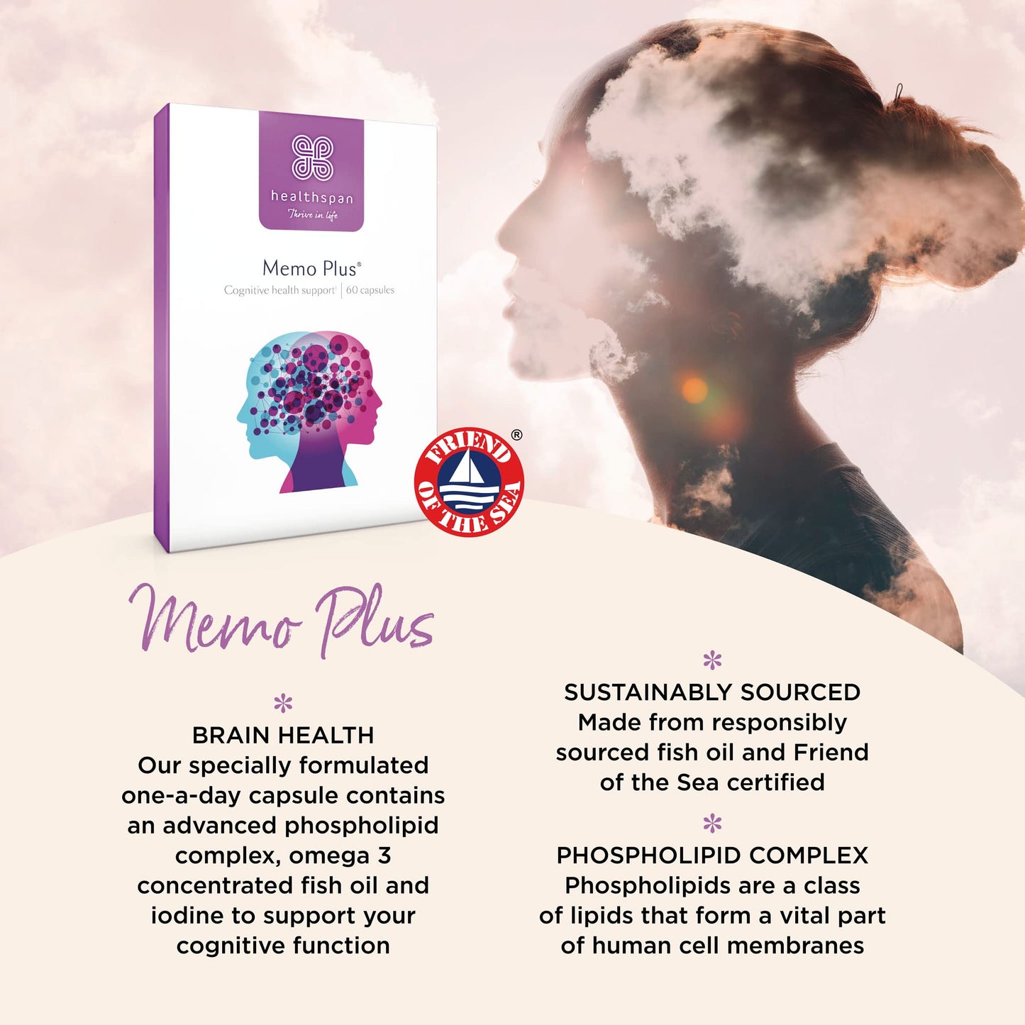 healthspan Healthspan Memo Plus (2 months' supply) | To support your brain Health & cognitive function | 350mg Advanced Phospholipid Complex | 179mg Omega 3 Fish Oil | 75µg Iodine | Friend of the Sea | One-a-day