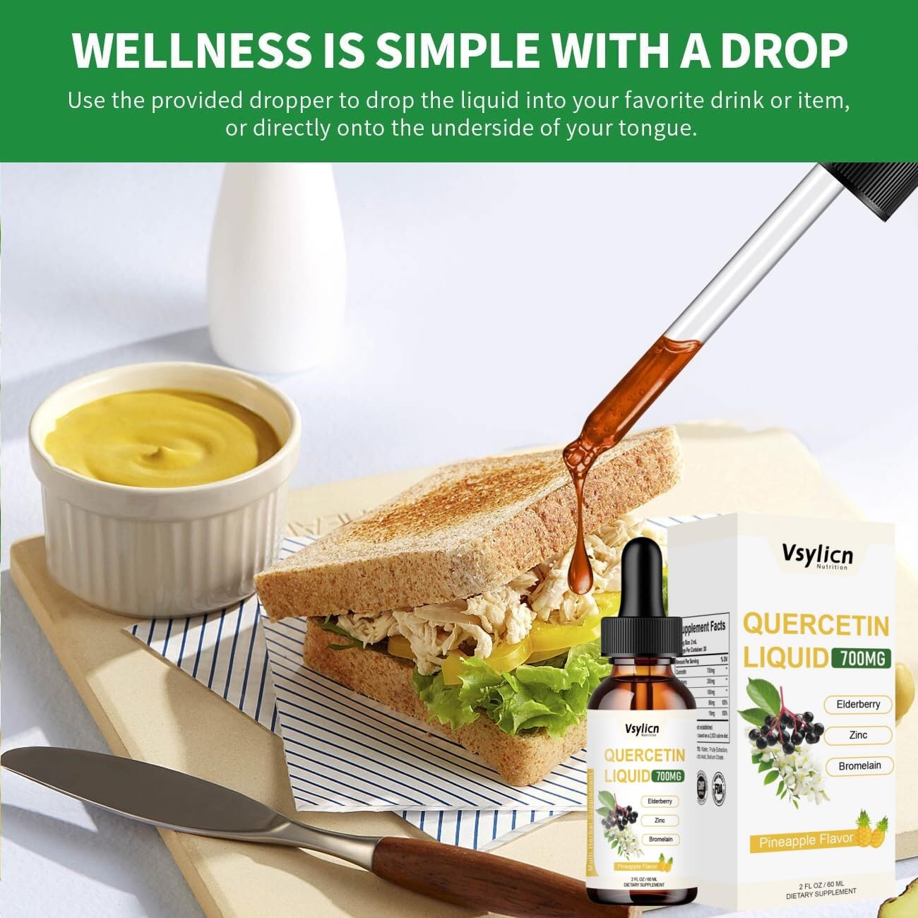 VSYLICN 700mg Quercetin Liquid Drops - Quercetin Bromelain Supplements - 5 in 1 with Bromelain Elderberry Vitamin - 4X Stronger Than Pills & Capsules - Immunity Health Respiratory Health Skin Care - 60ml