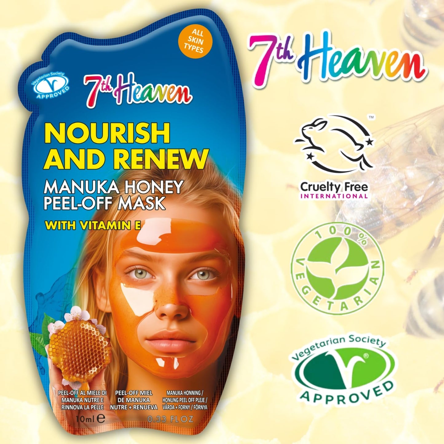 7th Heaven Manuka Honey Peel Off Face Mask with Vitamin E, Pack of 6 - Nourish and Renew - All Skin Types