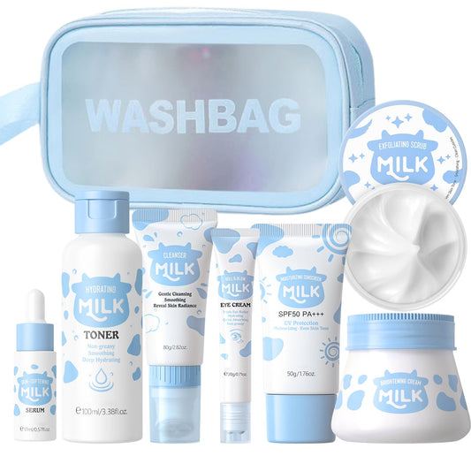ChicNana Milk Skin Care Sets&Kits, Milk Skincare Set, Beauty Gift Sets for Teenage Girls, Skincare Set with serum, toner, cleanser, eye cream, sunscreen, brightenng cream, exfoliating scrub, washbag (8pcs)