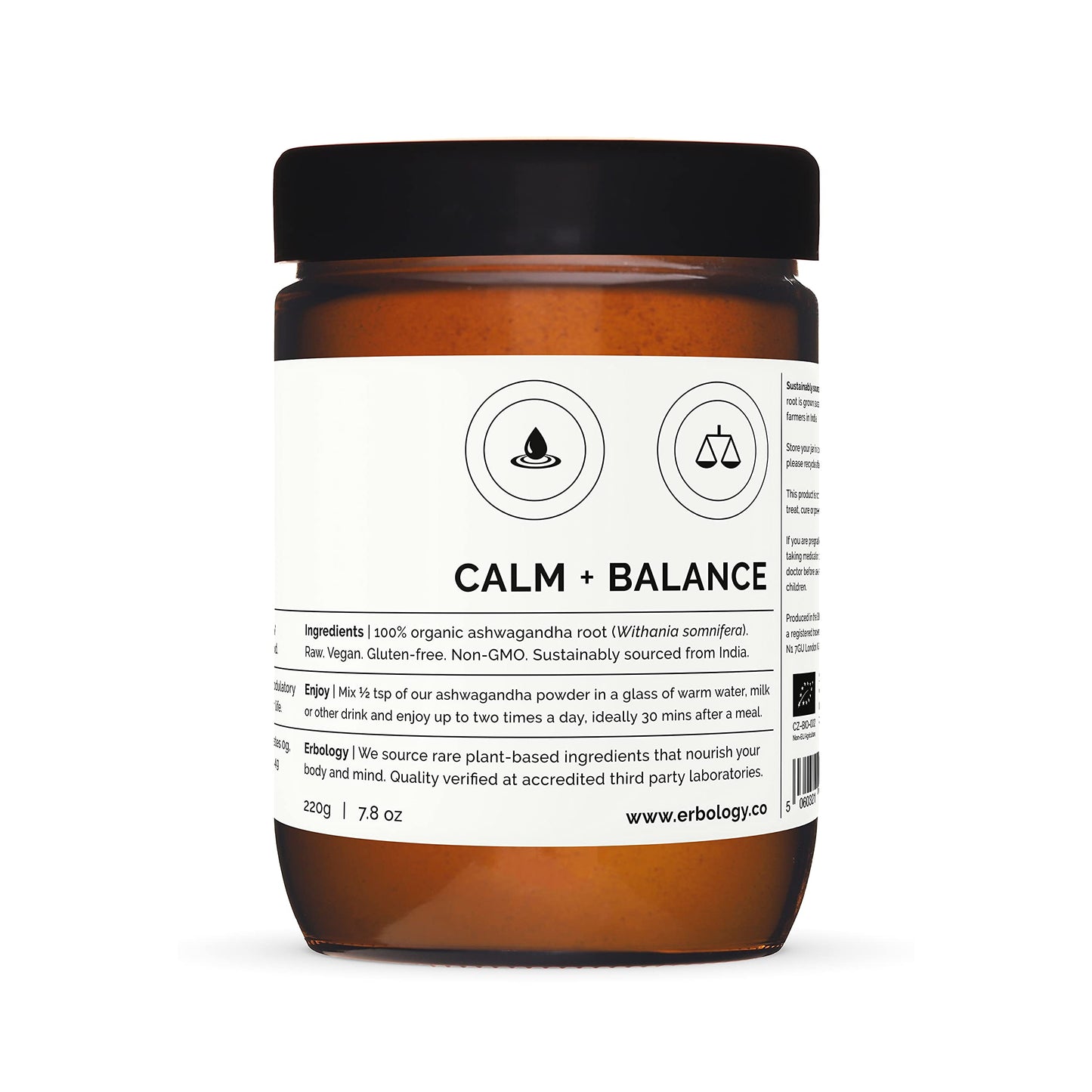 Erbology 100% Organic Ashwagandha Powder 220g - Sleep Aid - Straight from Farm - Raw, Vegan and Gluten-Free - Non-GMO - No Additives or Preservatives - Recyclable Glass Jar