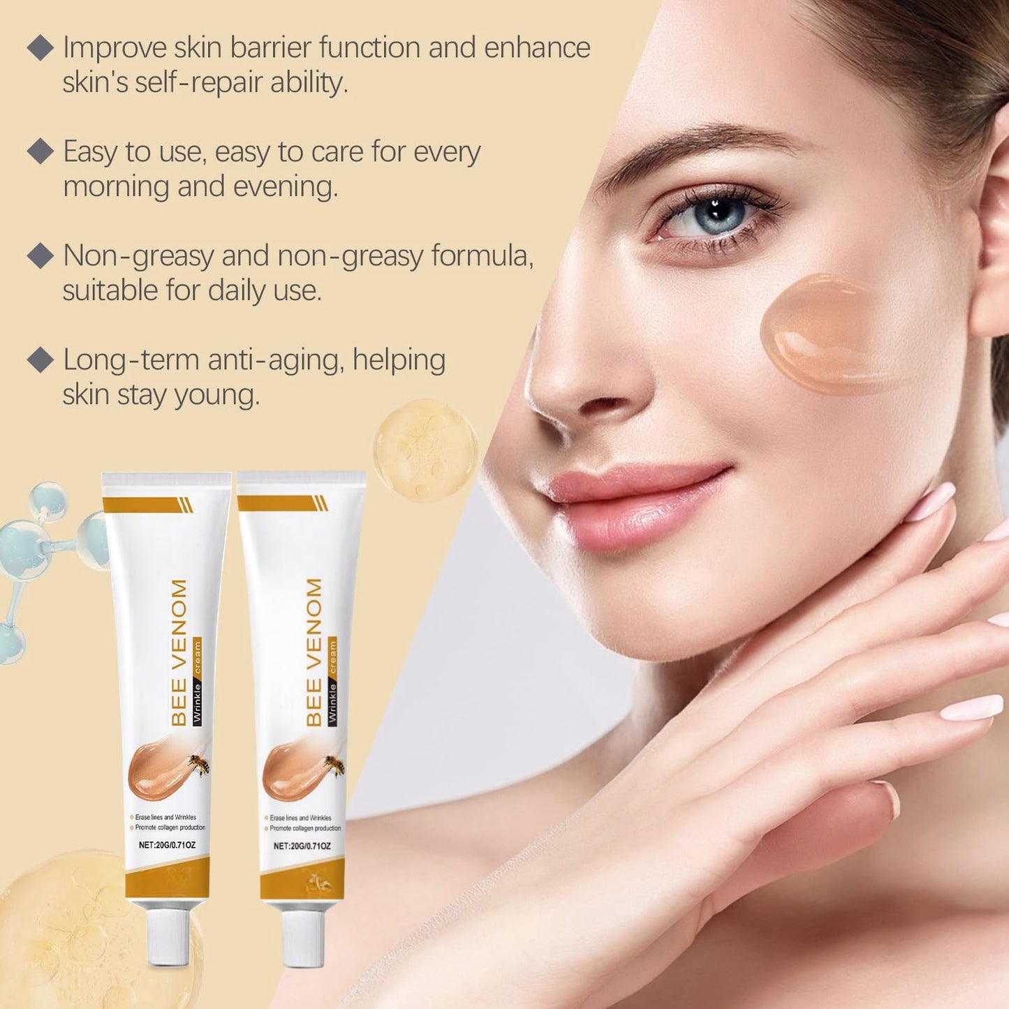 HIVETZ 2PCS Bee Venom Wrinkle Removal Cream,Bee Venom Anti-Wrinkle Firming Multi-Purpose Cream,Bee Venom Skin Treatment Cream,Moisturiser Face Women for All Skin Types,Firming Anti Aging Face Cream