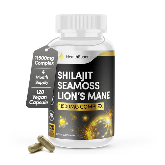 Shilajit Seamoss and Lions Mane Capsules, 11500mg High Strength Adaptogen Complex, with Added Ashwagandha KSM 66 and Black Pepper for Energy, Immunity & Brain - 120 Vegan Capsules by HealthEssent