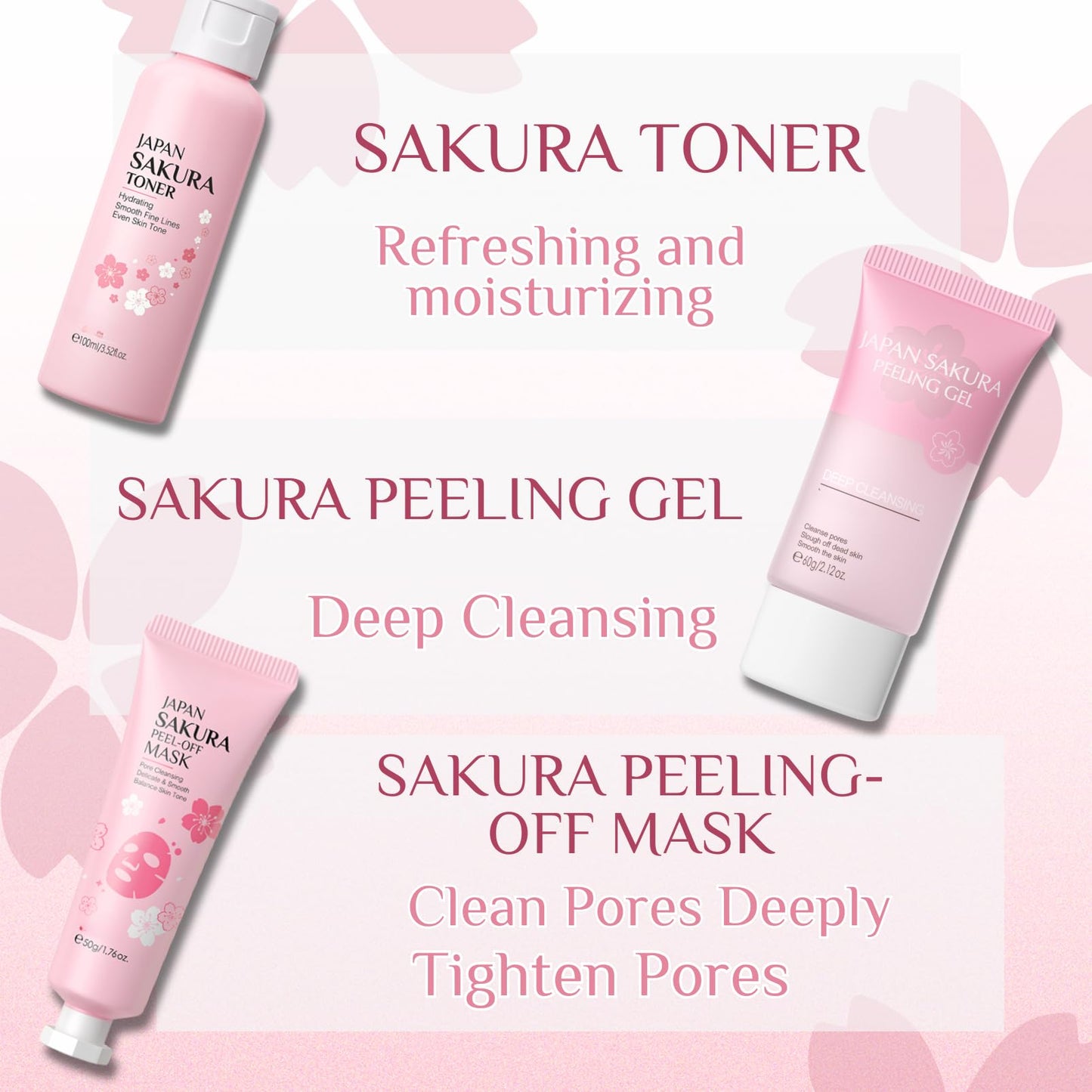 Skin Care Sets & Kits - Skincare for Teenage Girls Gift Set - Face Care For Pores,Exfoliate,Sakura Travel Kit - Mask,Peel Mask,Toner,Gel,Cleanser,Cream,Facial Cleansing Brush,Bag(8pcs)