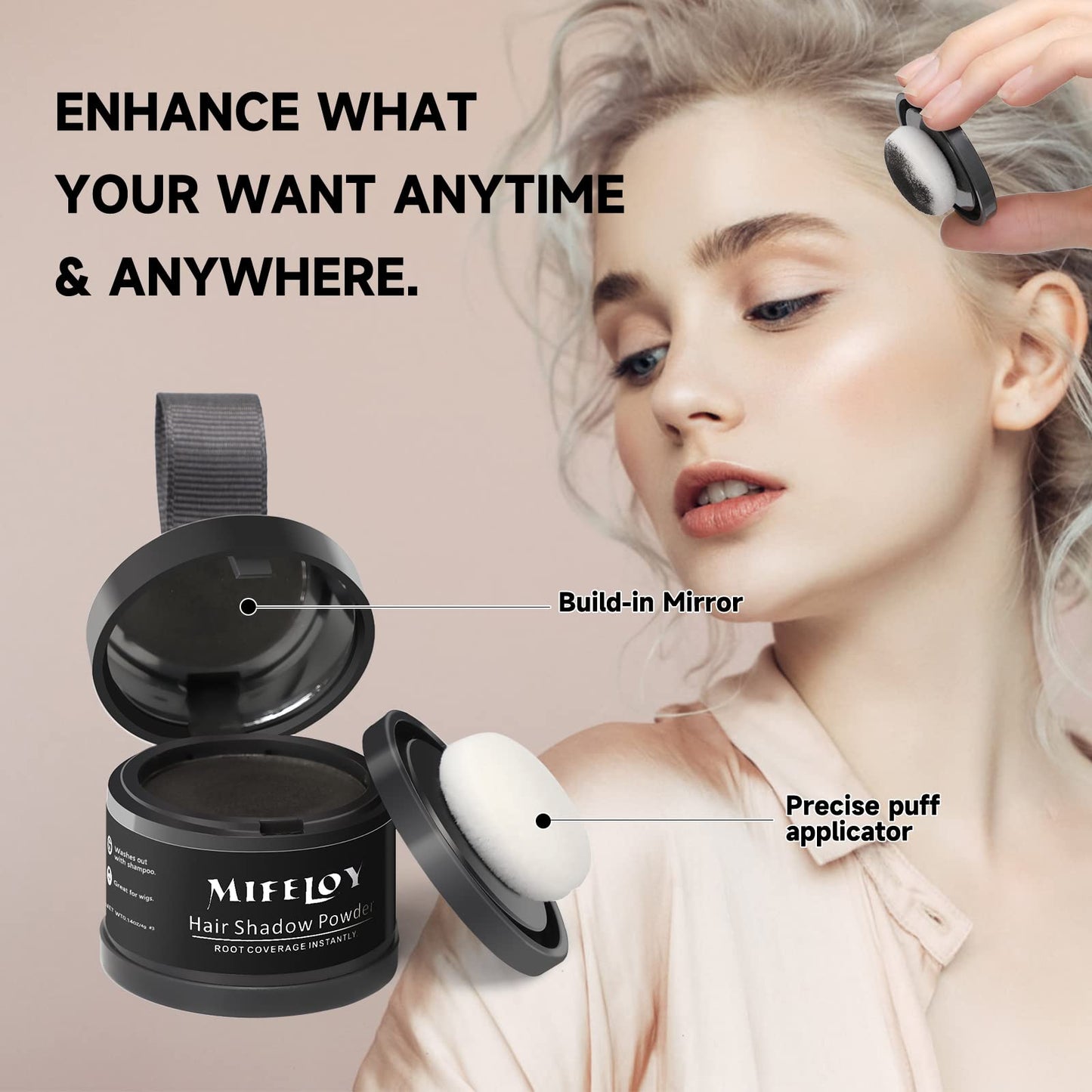MIFELOY Root Cover Up Powder, Touch Up Hair Color for Grey, Roots Concealer for Beard Line Eyebrow, Instantly Conceals Hair Loss, Roots Coverage Powder for Thinning Grays Hairline, Dark Grey