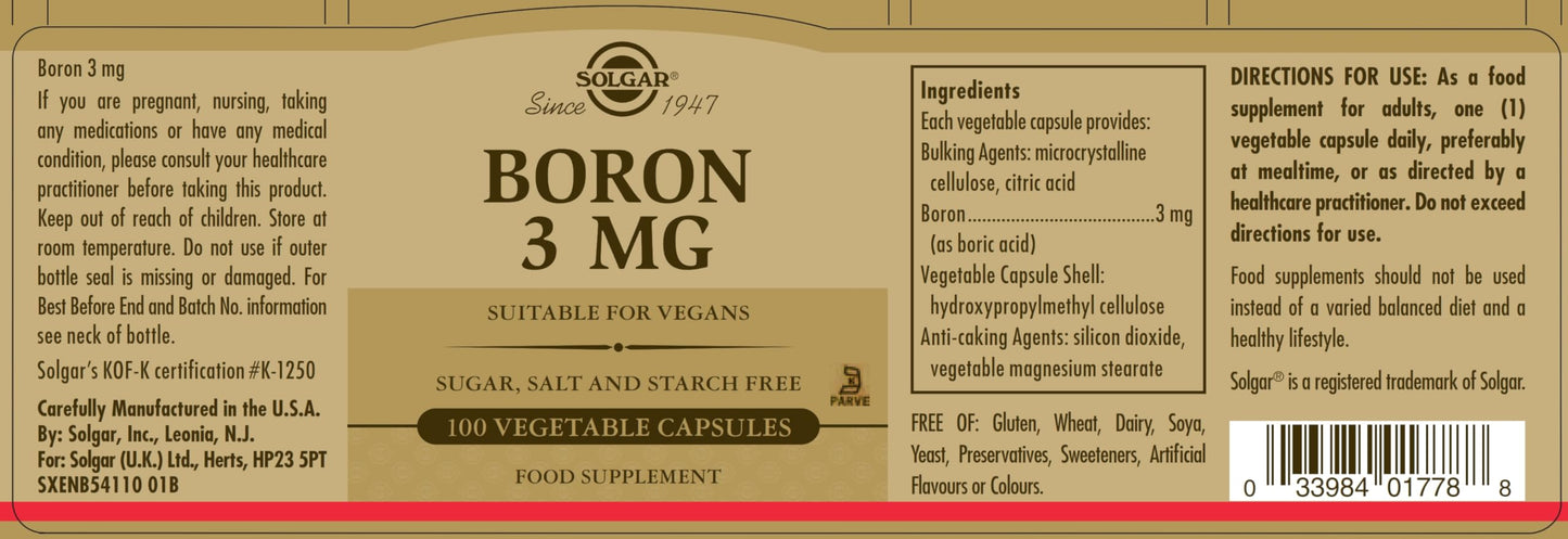 Solgar Boron 3 mg Vegetable Capsules - Food Supplement, 100 capsules (pack of 1) - Vegan, Gluten Free