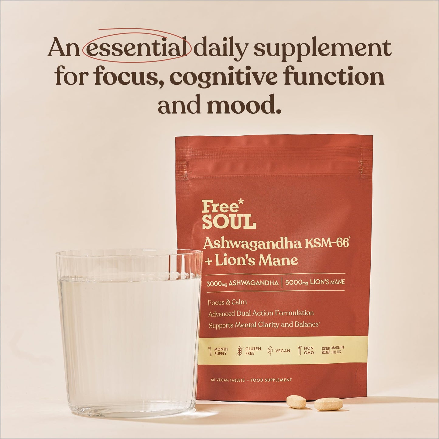 Ashwagandha KSM-66® + Lion’s Mane Complex | 5000mg Lion’s Mane + 2500mg Ashwagandha High Strength | Added + Zinc + Vitamin B6 | Cognitive & Mood Support | Vegan Tablets | Free Soul