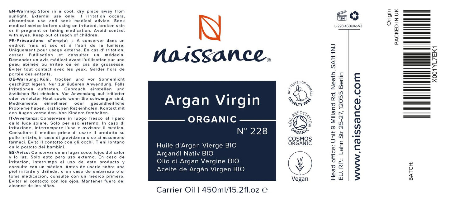 Naissance Organic Argan Oil (no. 228) 450ml - Pure & Natural, Anti-Ageing, Antioxidant - Moisturiser & Conditioner for Face, Hair, Skin, Beard & Cuticles