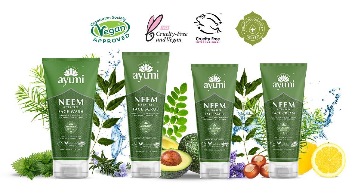 Ayumi Neem & Tea Tree Face Cream, Balanced Blend of Moisturisers & Moringa Oil to Maintain Hydration For Oil-Prone Skin, With Witch Hazel & a Hint of Nettle - 2 x 100ml