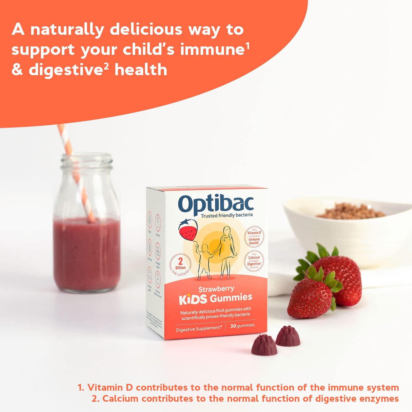 Optibac Kids Probiotic with Vitamin D & Calcium for Immune System Support & Gut Health and 2 Billion Bacterial Cultures - 30 Vegan Gummies