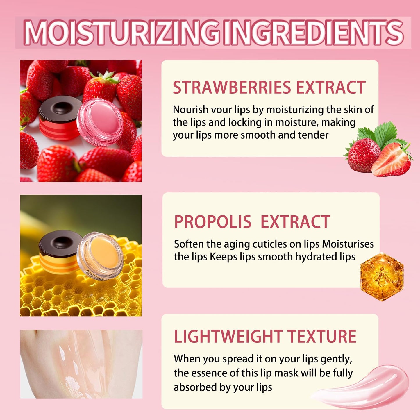 QUIWEN Honeybalm Lip Balm, Lip Mask Lip Sleeping Mask, 2 Pcs Honey+Strawberry Bee Balm, Moisturizing Skincare lip Mask for Day&Night Lip Care,Repair,Prevent Dry Crack,Lip Line Reducing