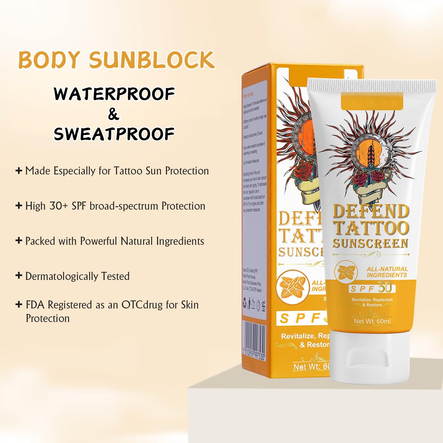Trendyfave Tattoo Care Sunscreen - Tattoo Sun Cream Spf 30, Tattoo Sun Protection, Very Water+Sweat Resistant Natural Sunscreen, Tattoo Aftercare Suncream Lotion,Tattoo Fade Protection, 60ml