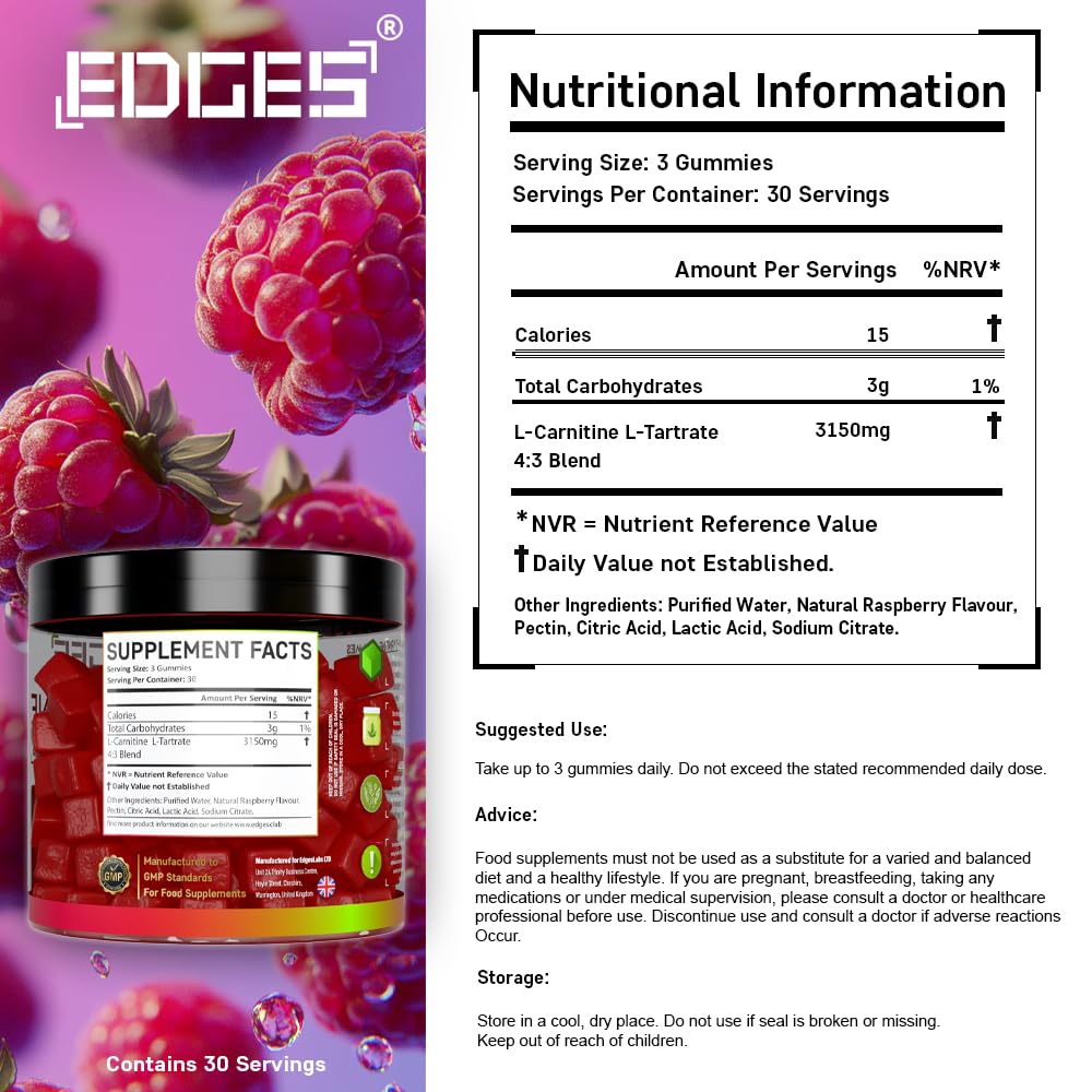 Edges L-Carnitine L-Tartrate 3150mg Gummies – 90 Raspberry Gummies – High Strength for Energy, Metabolism & Fatigue Support – Vegan Friendly L-Carnitine L-Tartrate Supplement – 30 Day Supply