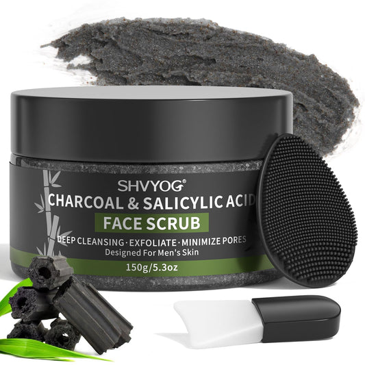 SHVYOG Men's Face Scrub, Bamboo Charcoal Salicylic Acid Face Exfoliant, Facial Peeling Improves Blackheads, Acne, Clogged Pores, Cleansing Oil Control, Pre-shave Care for Men, with Facial Cleansing Brush