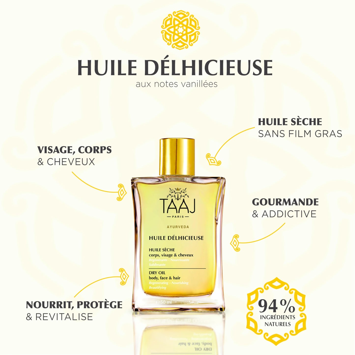 TAAJ | Huile Délhicieuse | Dry Beauty Oil | Body, Face & Hair | Nourishes, Protects & Revitalises the Skin | Satin Skin | Repaired Hair | 96% of natural ingredients |Vegan | 100 ml