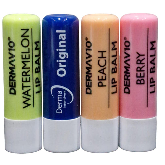 Generic Derma V10 Trio Pack 1 of Each Lip balm Peach Watermelon Berry AND 1 Original Derma intensive with Vitamin E Lip Balm 4.8g