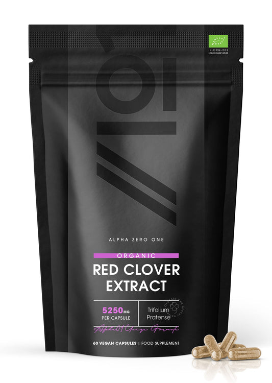 ALPHA01 Organic Red Clover Extract 5250mg - for Use During The Menopause - Potent 15:1 Pure Extract - Halal – 60 Vegan Capsules